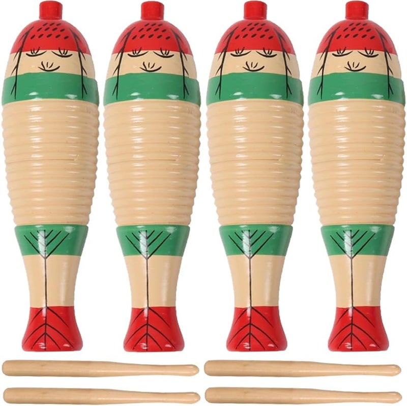 Plzoslly 4 Pack Wood Guiro Latin Percussion Musical Instruments, Fish Shaped Guiro Instrument Wooden Musical Instruments with Rhythm Sticks - Image 1